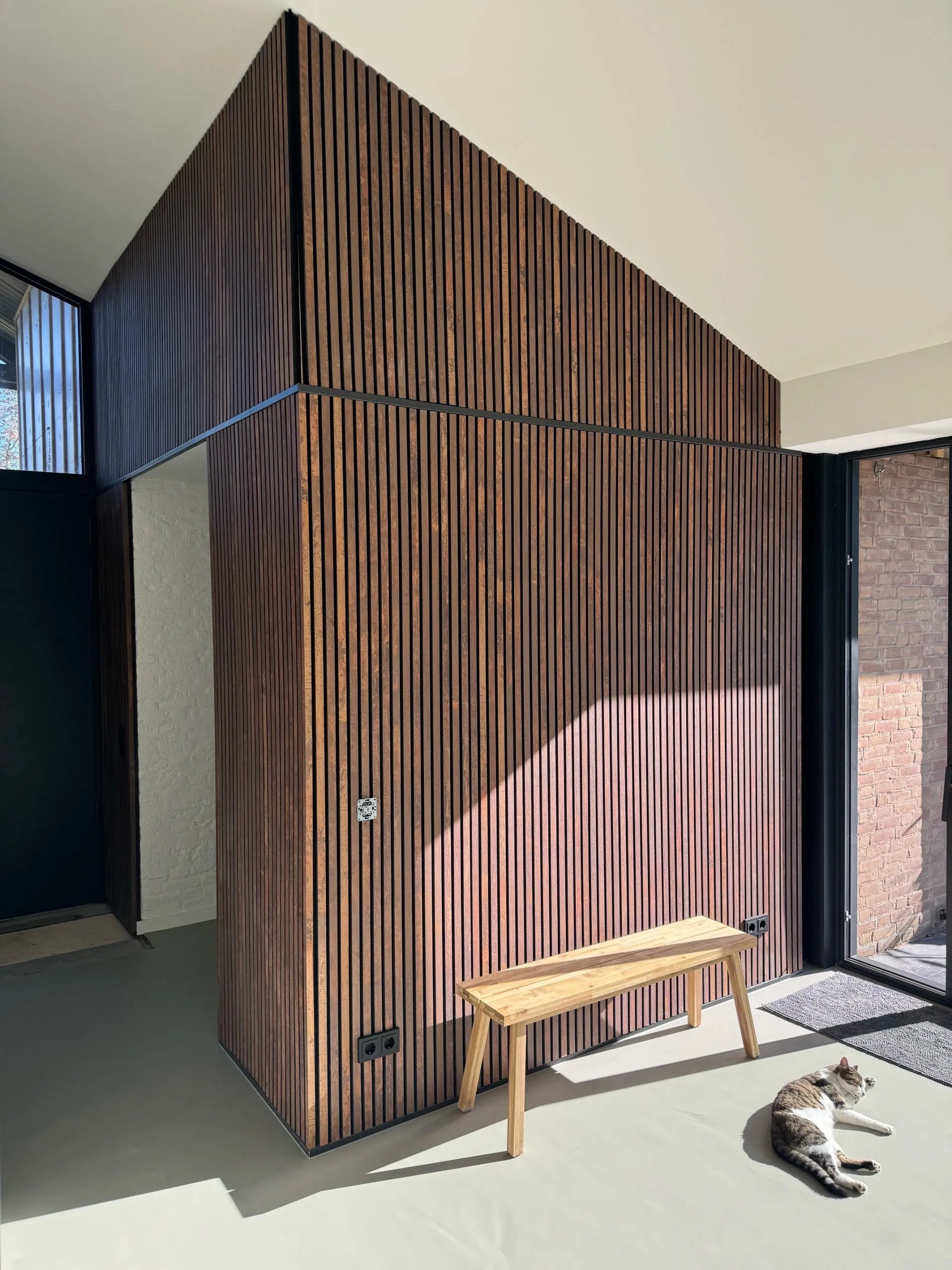 Akupanel acoustic slat wall panels, dark stained wood, on interior corner wall with wooden bench and cat on pale floor.